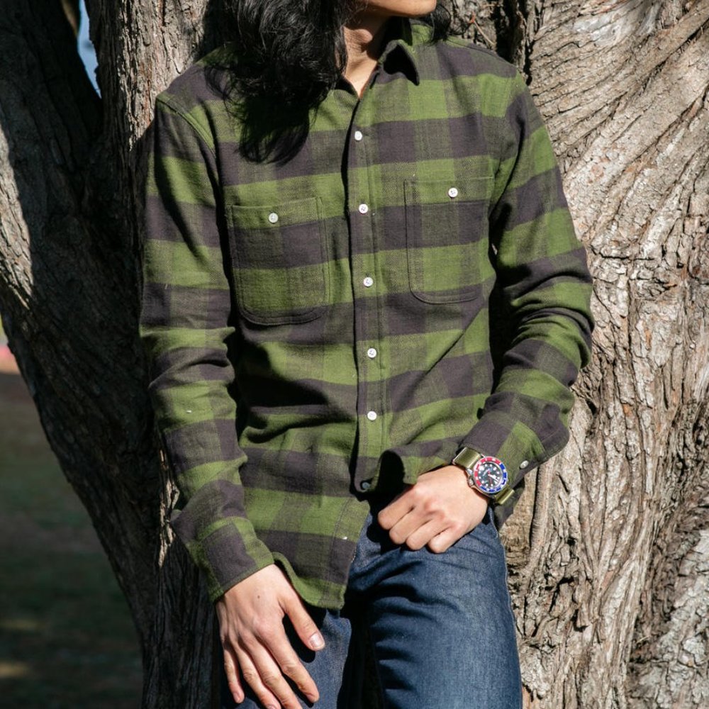 Gustin NEW #700 VINTAGE SLUB - MOSS Buffalo Check Flannel Green and Charcoal